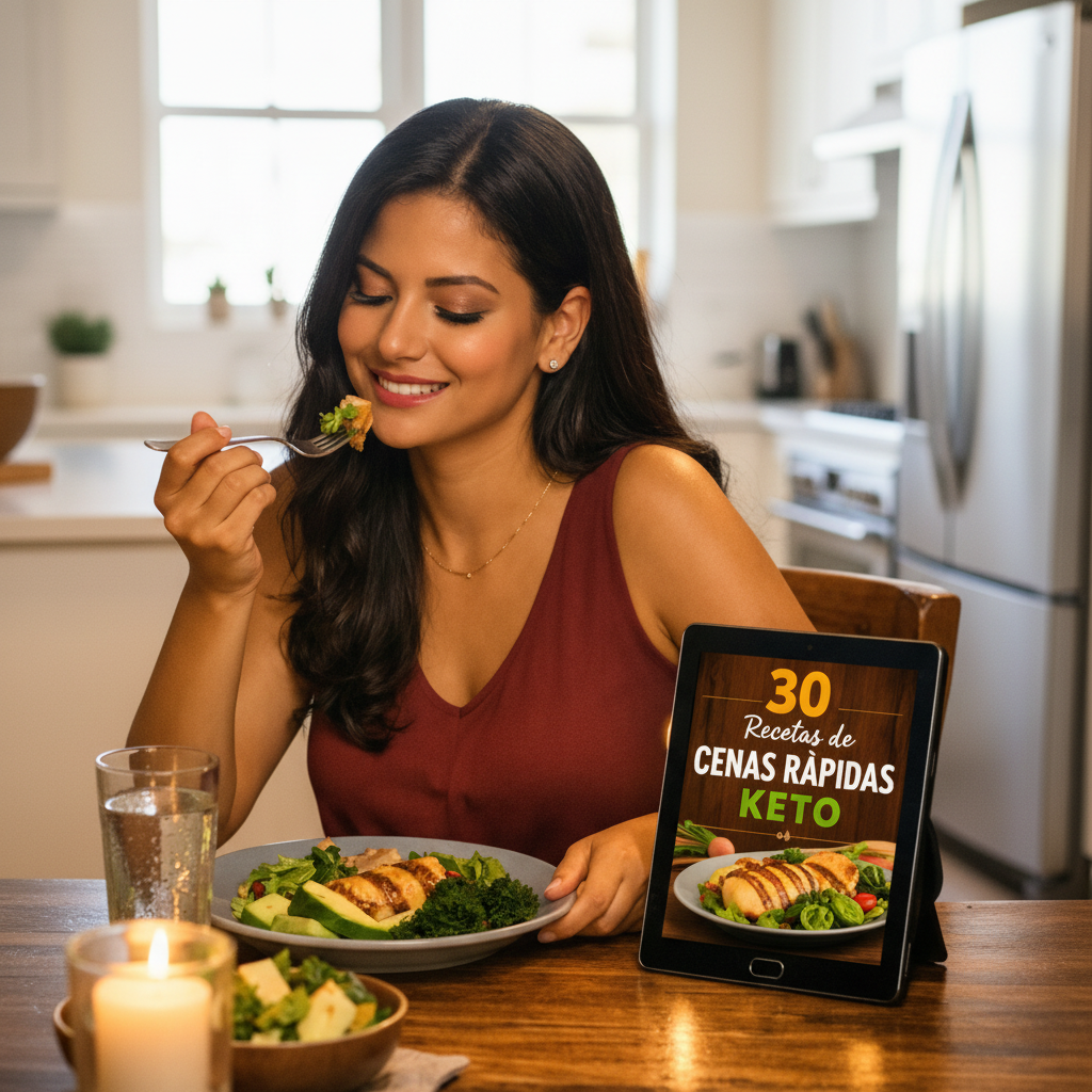 Mujer disfrutando cena keto